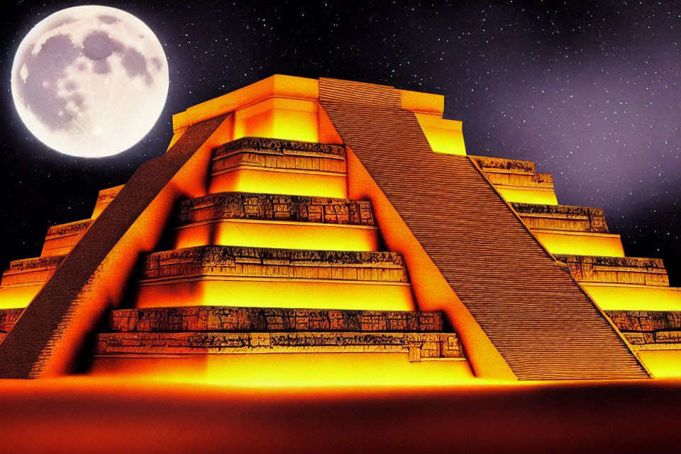 Illuminated pyramid under full moon and stars