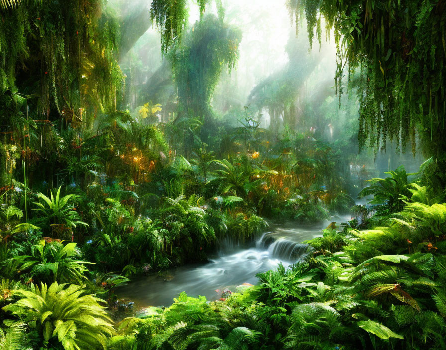 Tranquil misty forest with sunlit stream