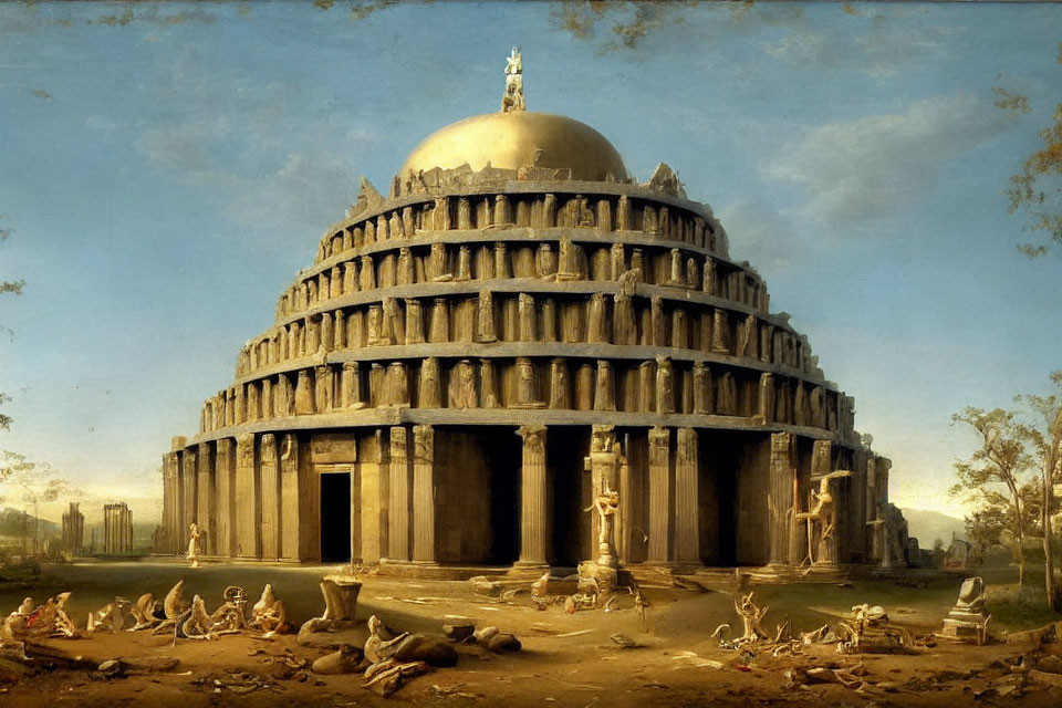 Ancient circular structure with dome in ruins and human remains under serene sky