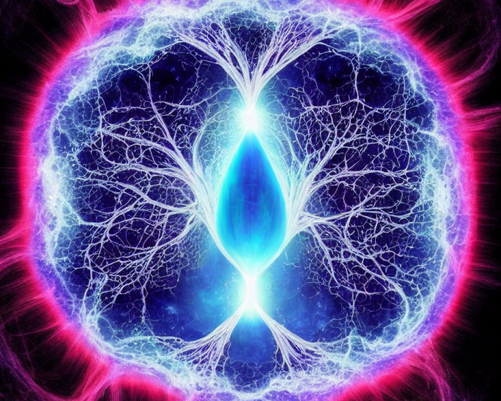 Symmetrical tree-like neural network digital artwork with blue core