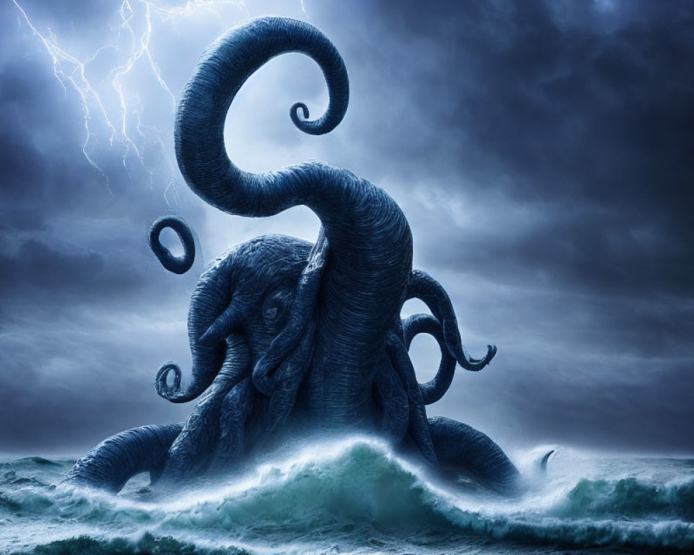 Gigantic octopus-like creature in stormy ocean with lightning sky