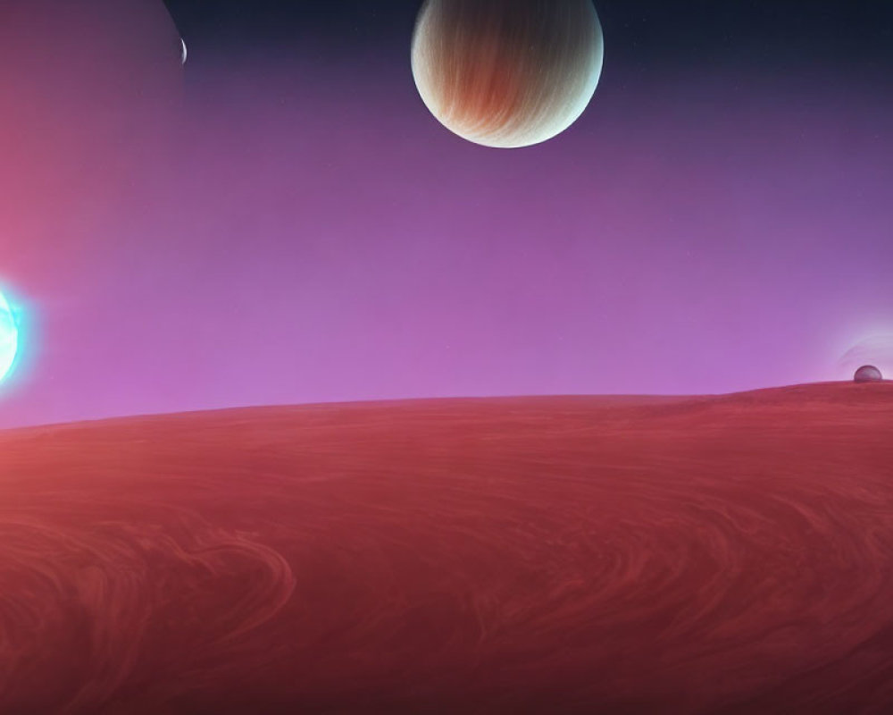 Surreal sci-fi landscape with red ground, planets in pink sky