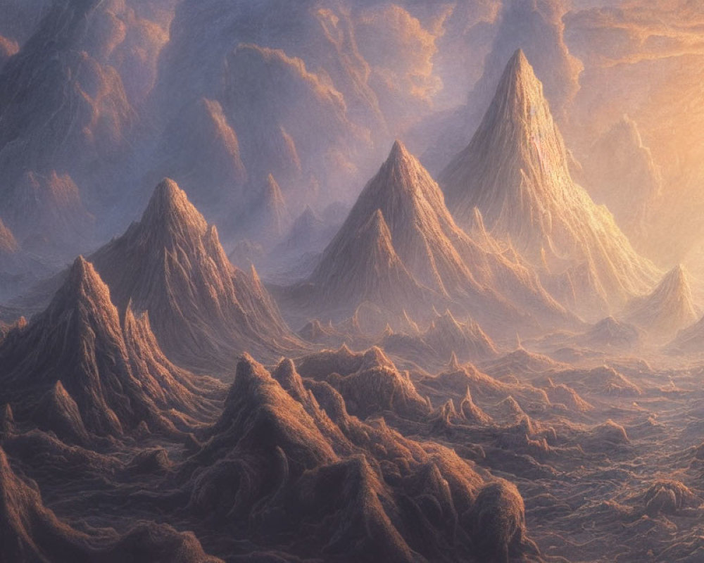 Surreal landscape with towering sunlit peaks and mist-covered hills