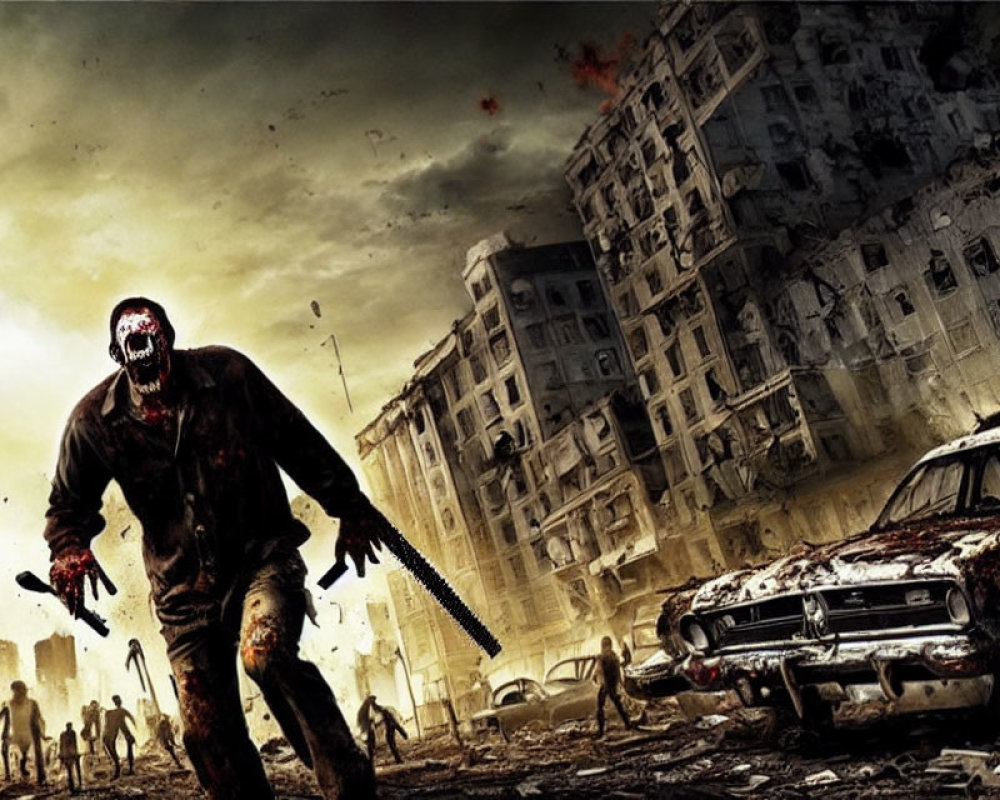 Post-apocalyptic zombie scene with destroyed buildings and cars under dark sky