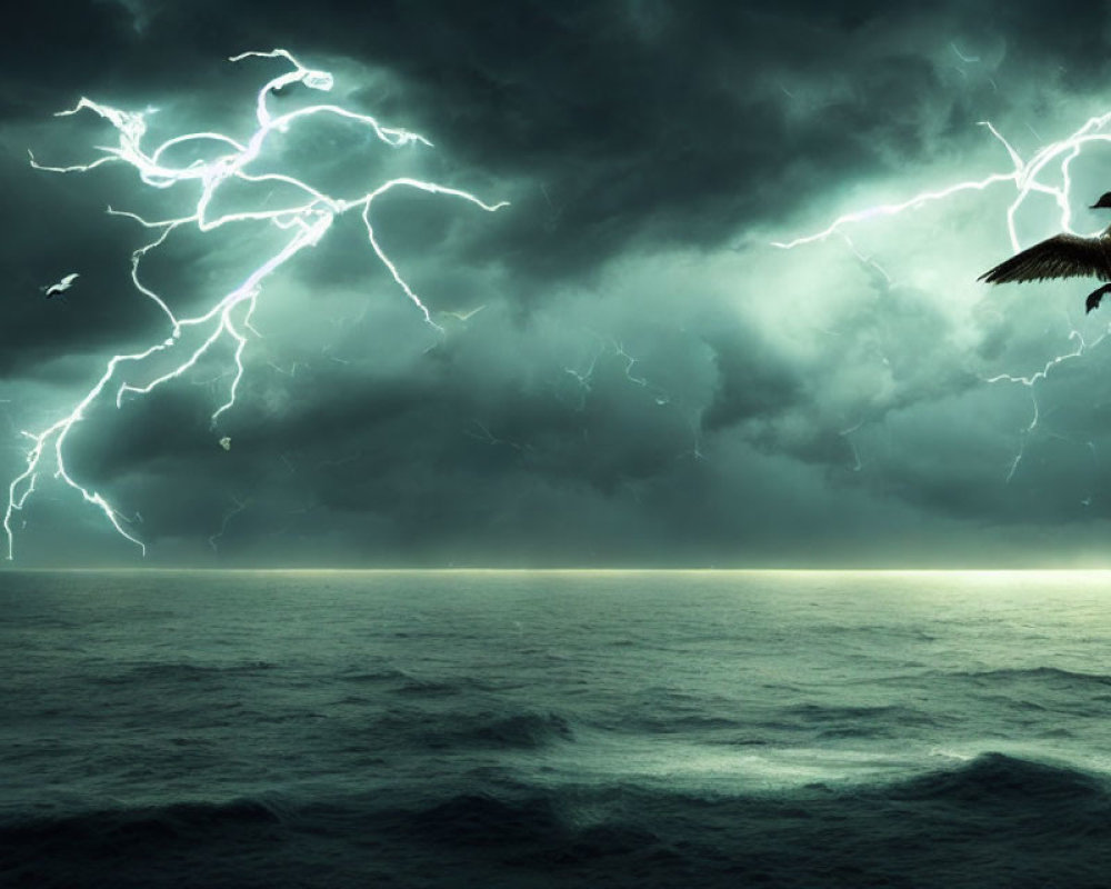 Thunderstorm over turbulent sea with lightning bolts and birds.