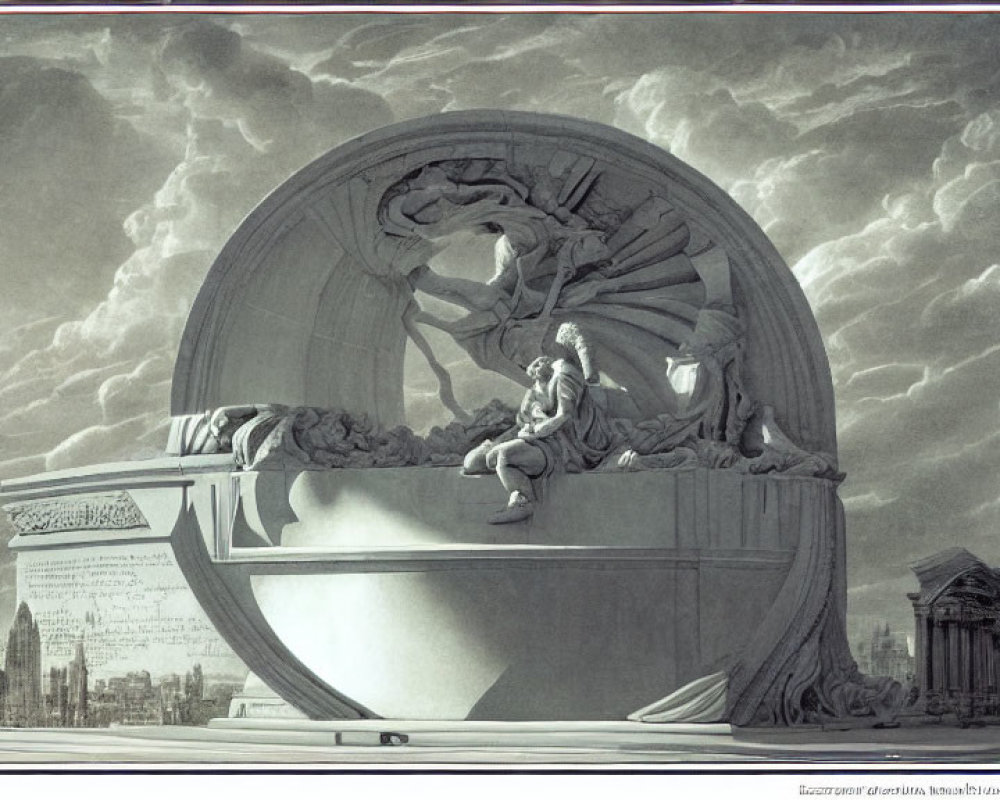 Neoclassical engraving: Circular monument, relief sculptures, seated figure, classical cityscape,