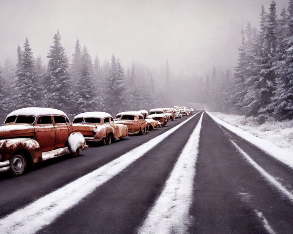 Vintage Cars Covered in Snow Along Forest-Lined Road