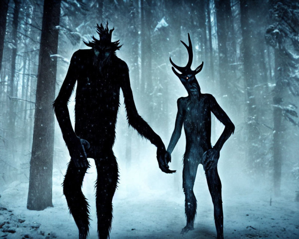 Mythical creatures with antlers in snowy forest