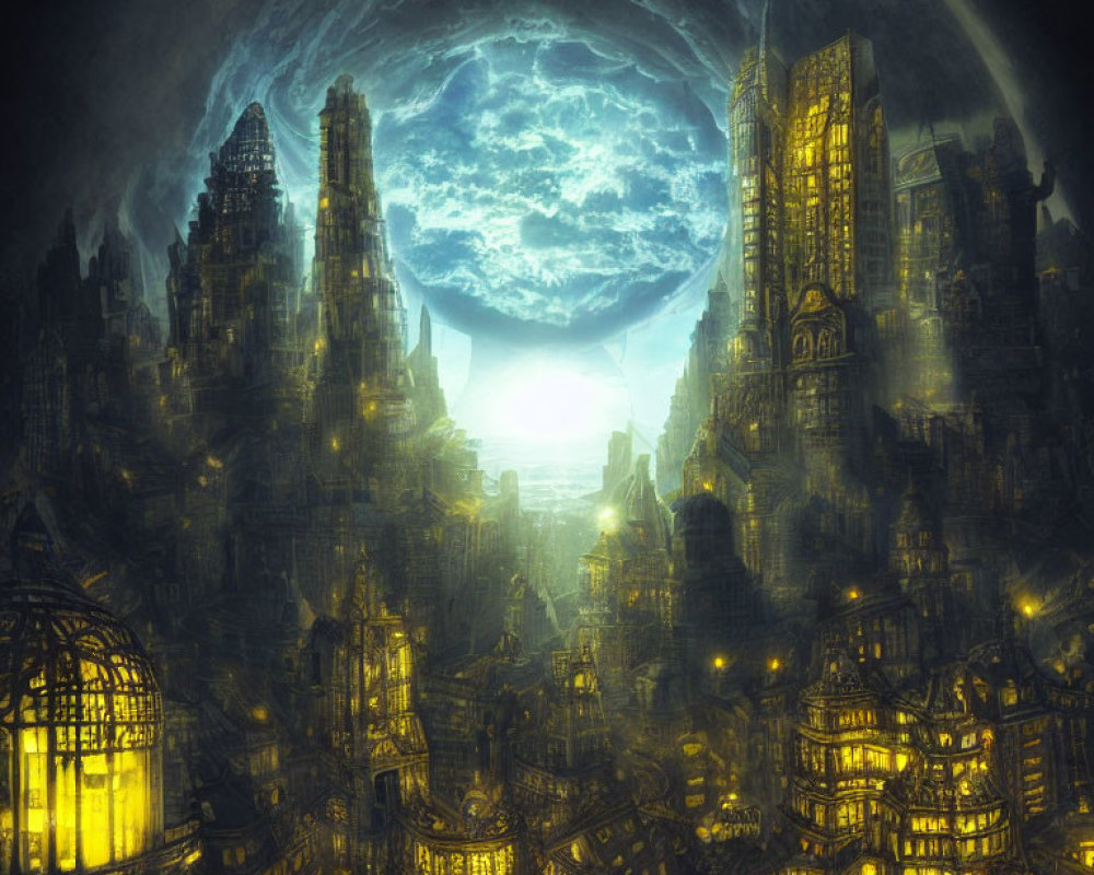 Fantastical Gothic cityscape with swirling portal at night