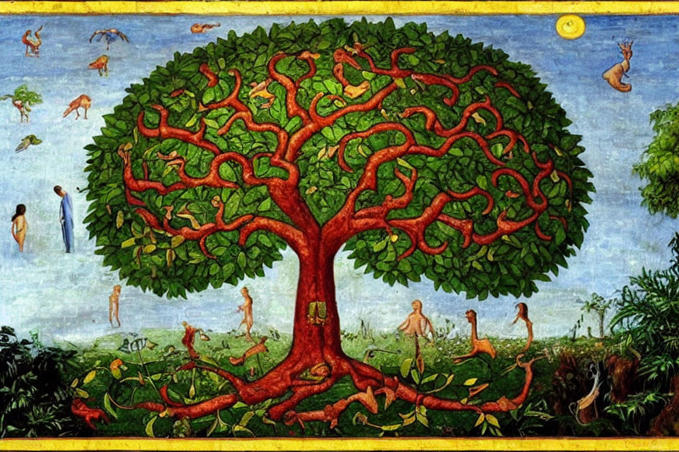 Colorful painting: central tree branches form human figures in nature scene