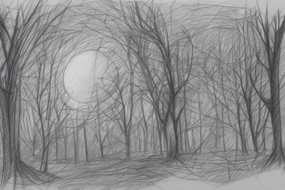 Detailed pencil drawing of dense, leafless forest with intertwining branches and glowing moon.