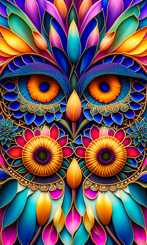 Symmetrical Owl Artwork with Vibrant Floral and Feather Patterns