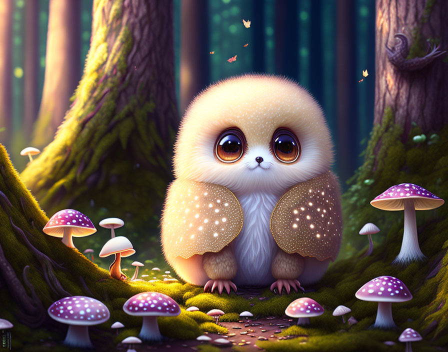 Fluffy owl-like creature with butterfly wings in enchanted forest