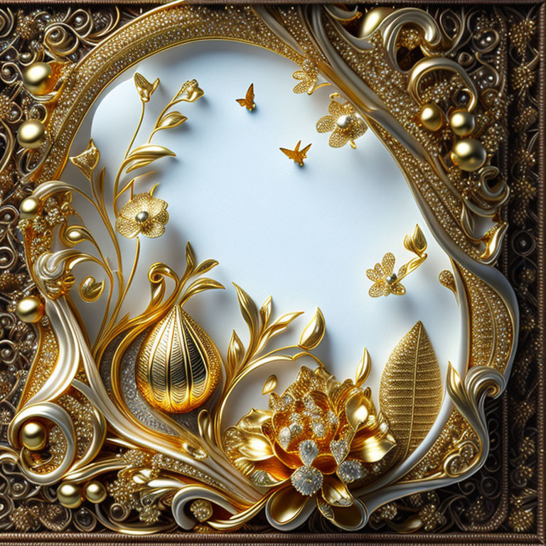 Golden Floral Frame with Gemstone Accents and Clear Blue Center