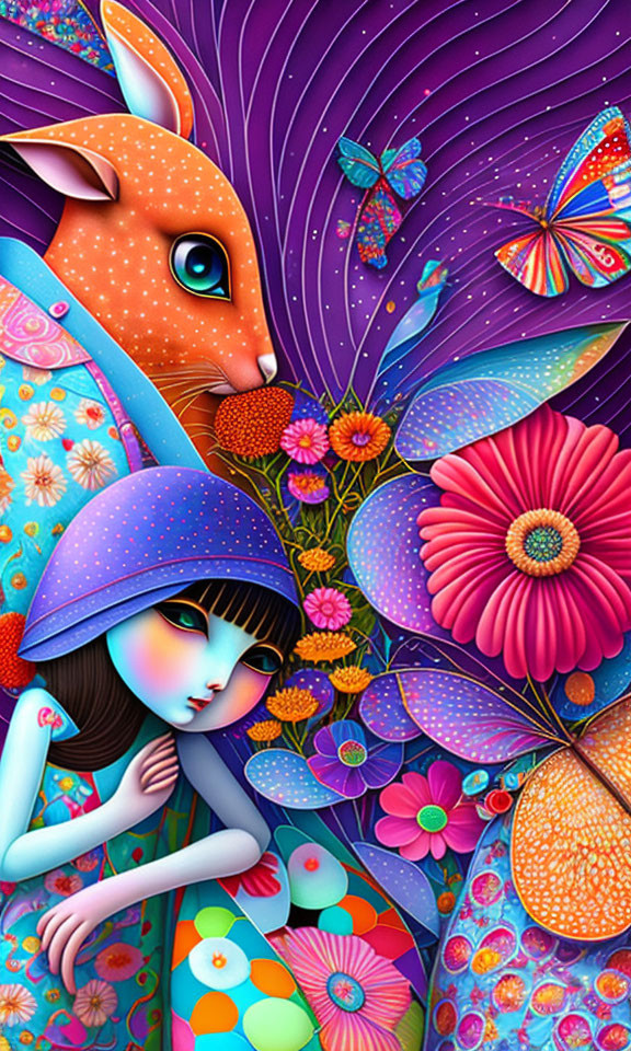 Colorful Surrealist Illustration: Girl with Mushroom Cap in Enchanting Landscape