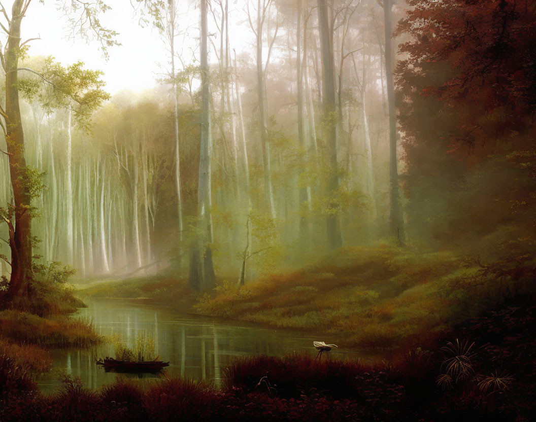Tranquil misty forest river scene with rowboat, tall trees, and white bird