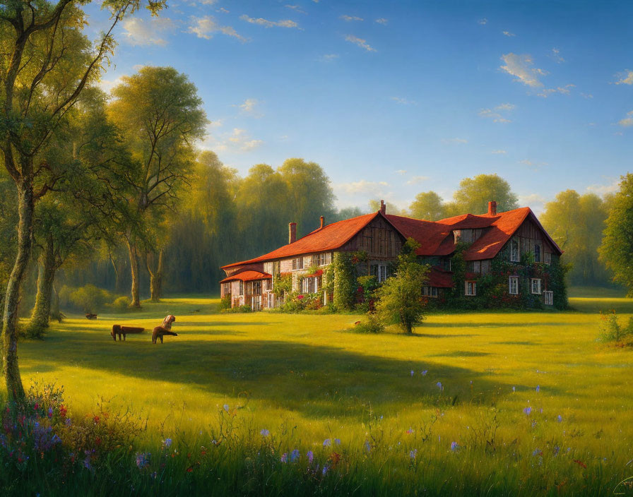 Tranquil rural landscape with red-roofed house, trees, and grazing horse