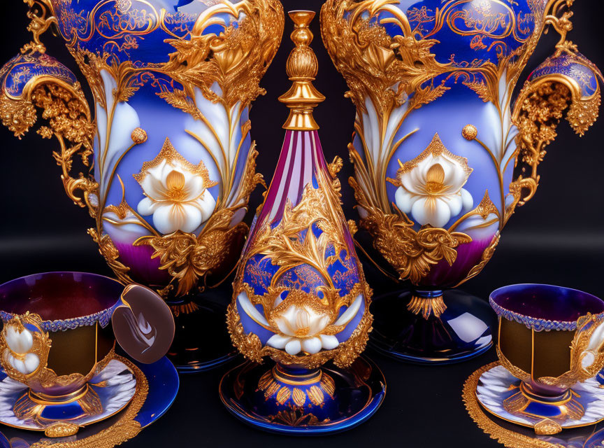 Porcelain Tea Set with Gold Detailing on Deep Blue Background