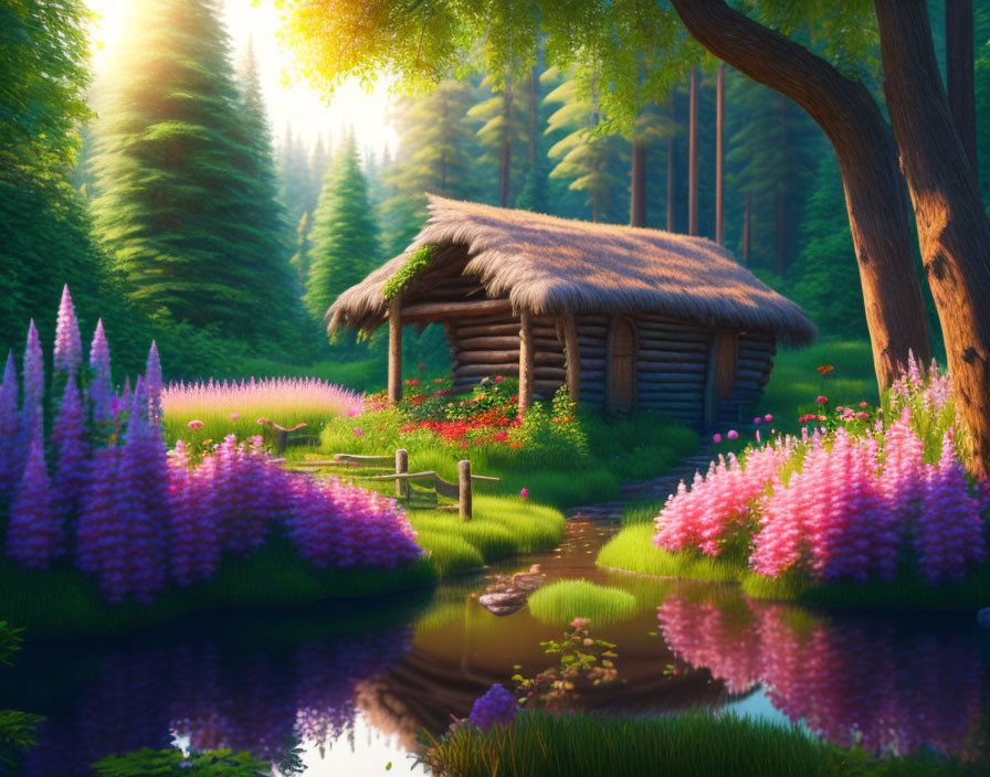 Tranquil woodland landscape with thatched-roof hut, pond, purple flowers, and lush trees