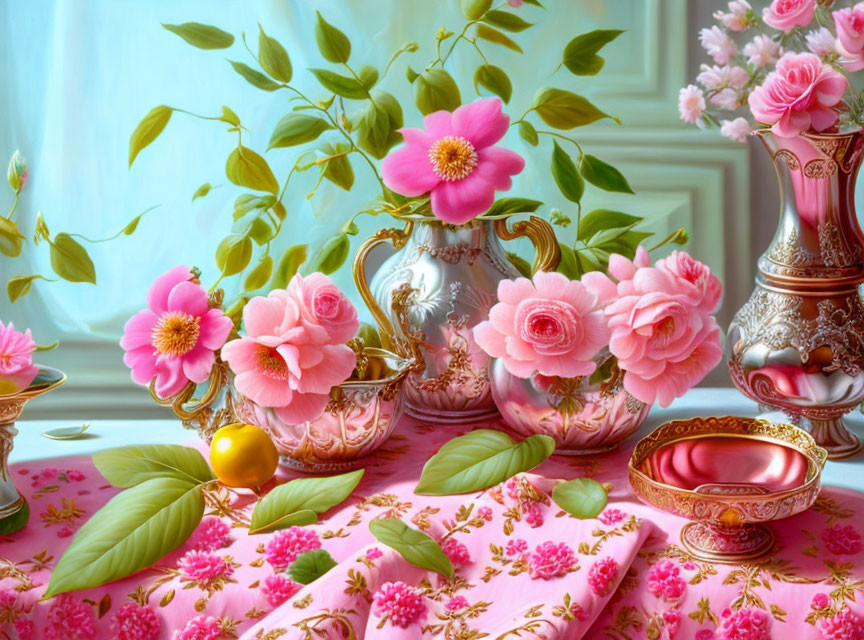 Pink flowers, teacup, lemon in vase on floral tablecloth