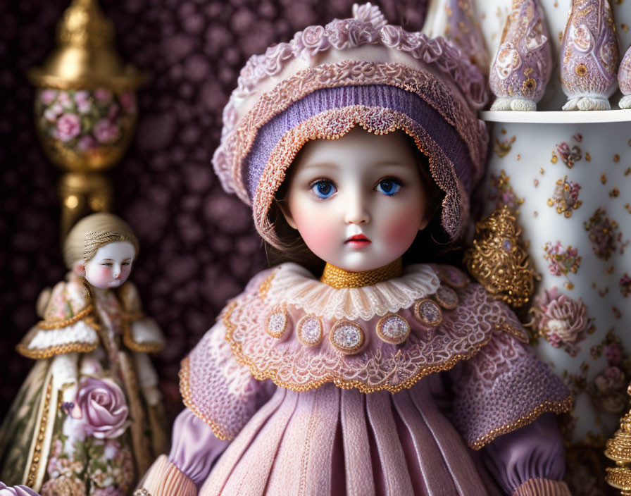 Porcelain doll in purple and gold Victorian dress with bonnet beside miniature doll and ornate vases