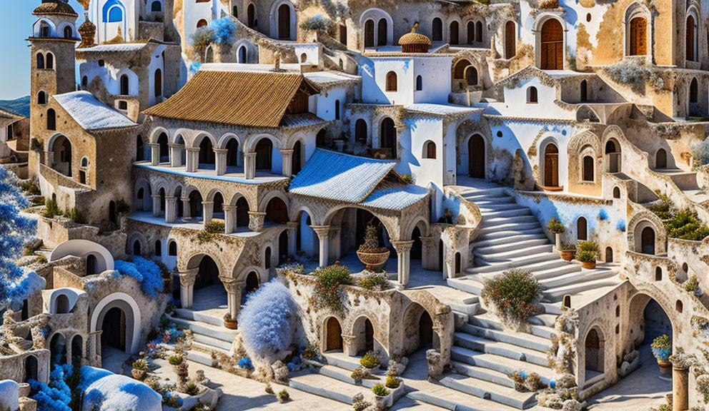Traditional Mediterranean architecture: White-washed buildings with blue accents on a hill