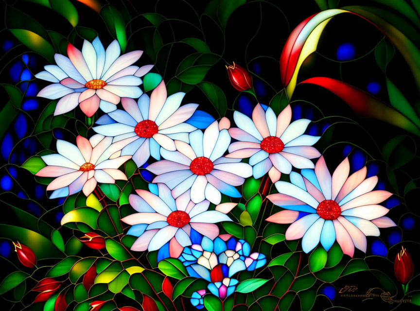 Digital Art: Stylized Luminescent Flowers on Dark Background