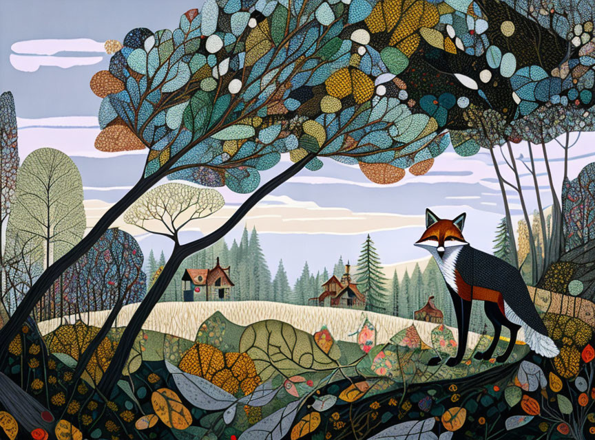 Vibrant fox illustration in colorful forest with intricate patterns