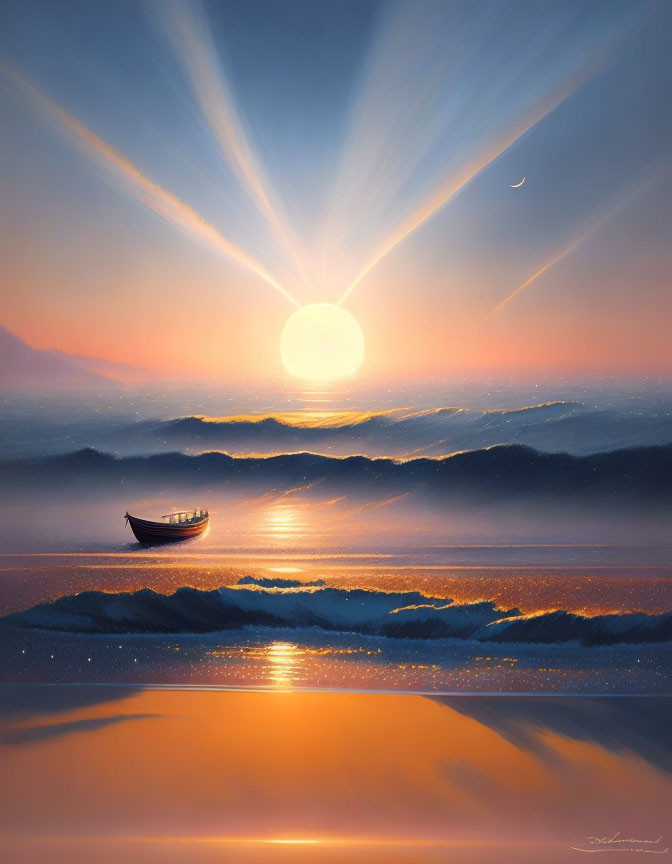 Boat on serene sea under majestic sunset with sunbeams and crescent moon