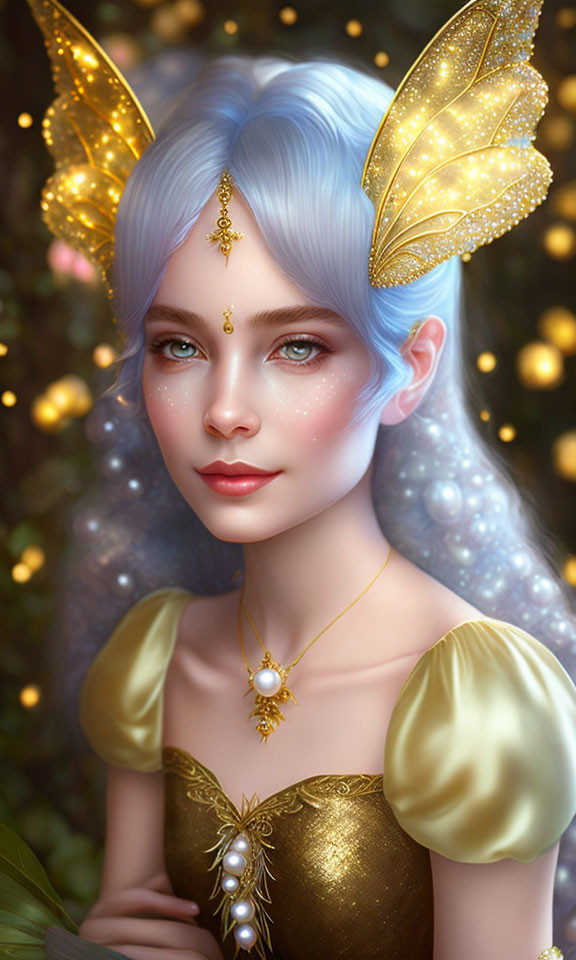 Blue-haired character with golden butterfly wings, pendant, and dress in greenery backdrop