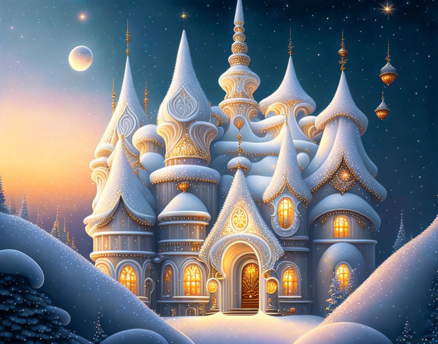 Enchanting castle with golden windows in snowy twilight landscape