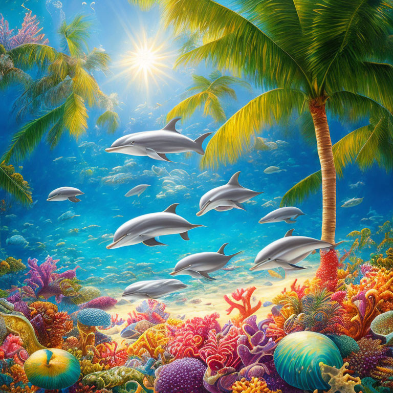 Colorful underwater scene with swimming dolphins near coral reef under sunlit sky.