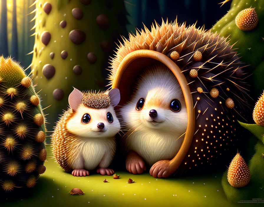 Two friendly animated hedgehogs under a mushroom in lush forest