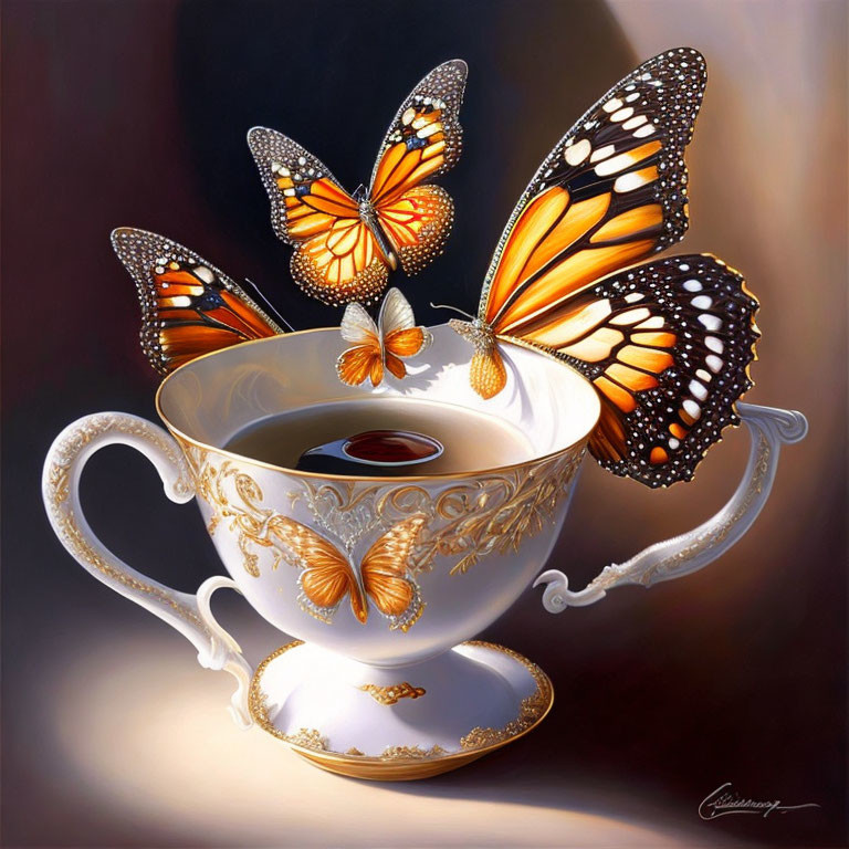 Vibrant Monarch Butterflies on White Teacup with Tea