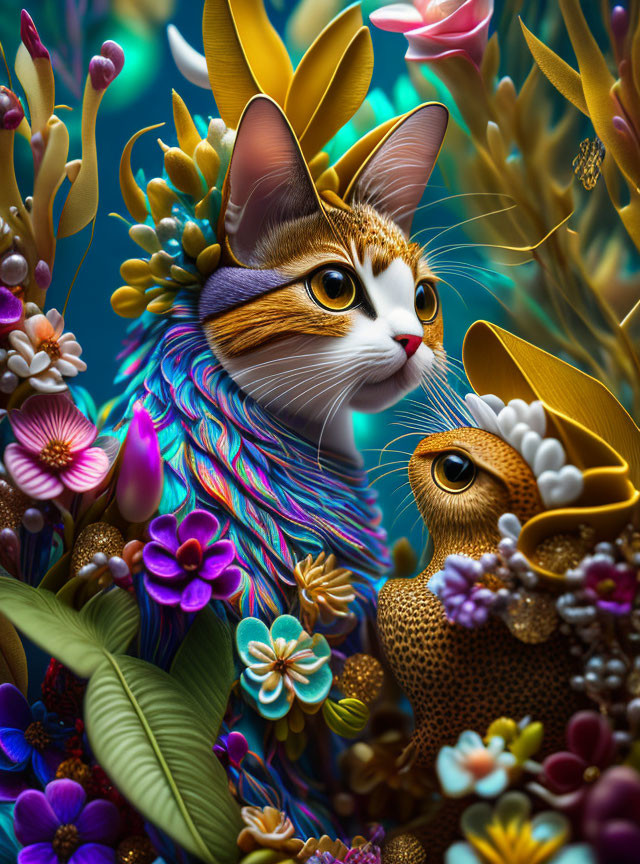 Colorful Cat and Golden Fish in Fantasy Floral Scene