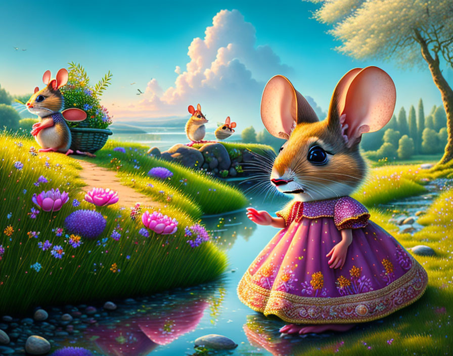 Anthropomorphic mice in vibrant fantasy landscape with one wearing purple dress