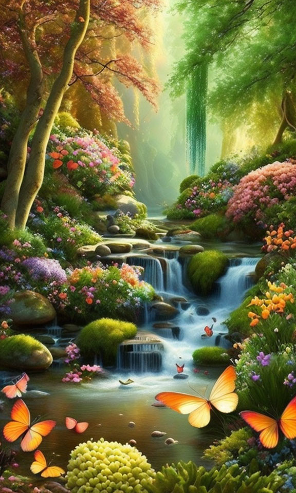 Enchanting garden with cascading stream, colorful flowers, greenery, and butterflies under autumn trees