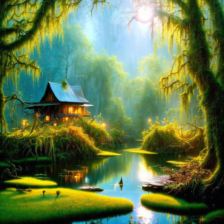 Tranquil forest river scene with traditional house and lush greenery