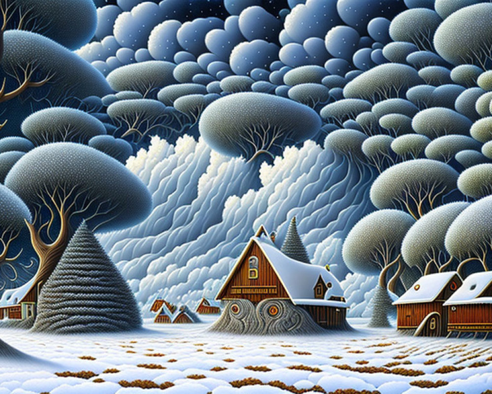Whimsical winter landscape with round trees and buildings under night sky