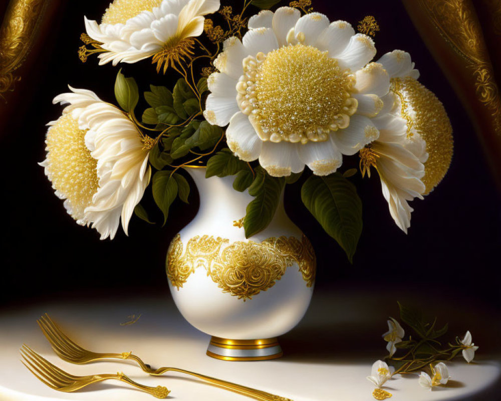 Large white and yellow flowers in ornate white vase on table with gold cutlery and cream cloth