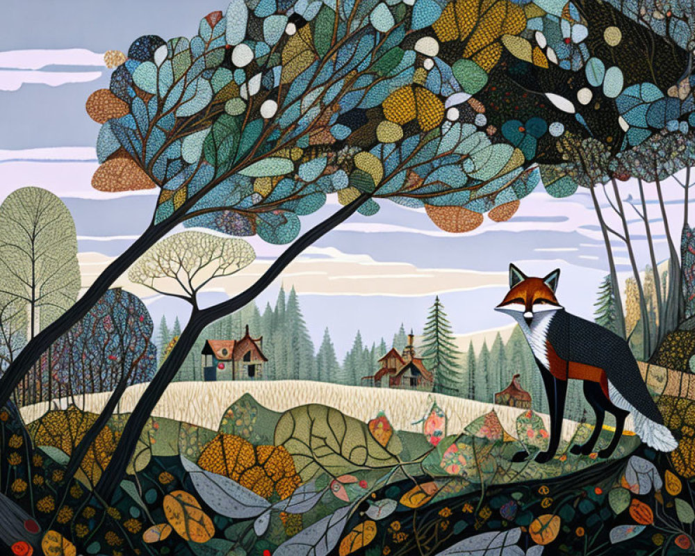 Vibrant fox illustration in colorful forest with intricate patterns