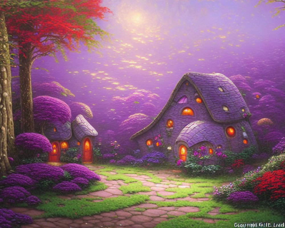 Whimsical fairytale landscape with vibrant purple flora and mystical cottages