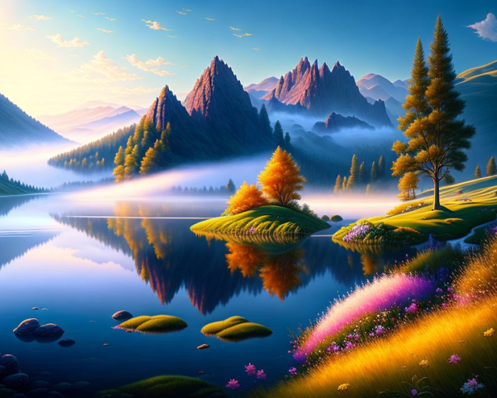 Scenic landscape with calm lake, pointed mountains, trees, mist, and colorful flora