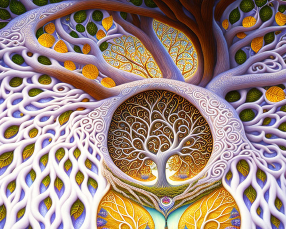 Colorful, swirling tree painting with intricate details