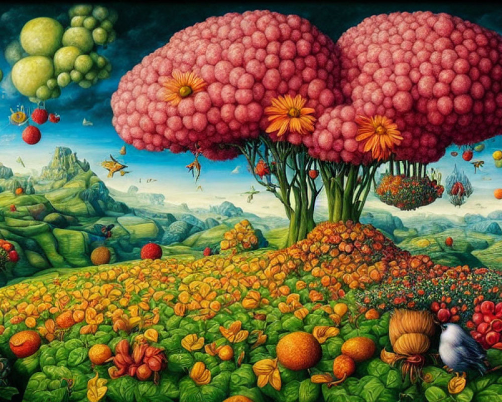 Colorful surreal landscape with fruit trees and oversized flowers under blue sky