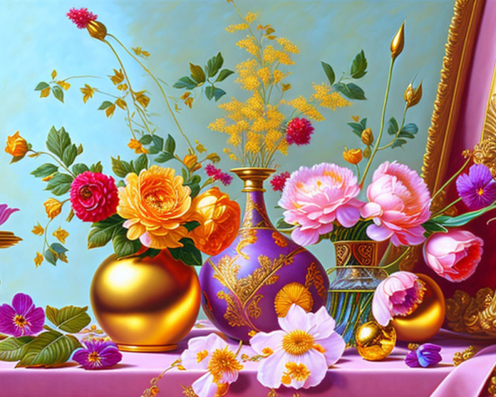 Colorful flower bouquet in golden vase on pink cloth - Still Life Painting