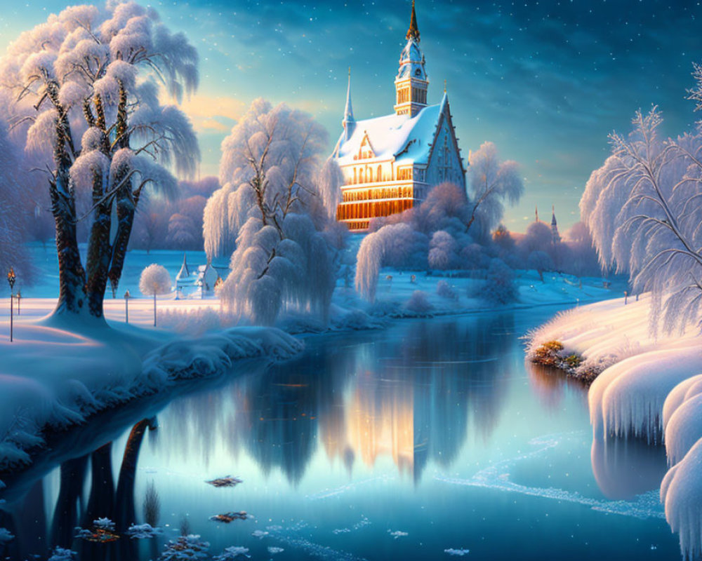 Snow-covered castle by serene river in twilight scene