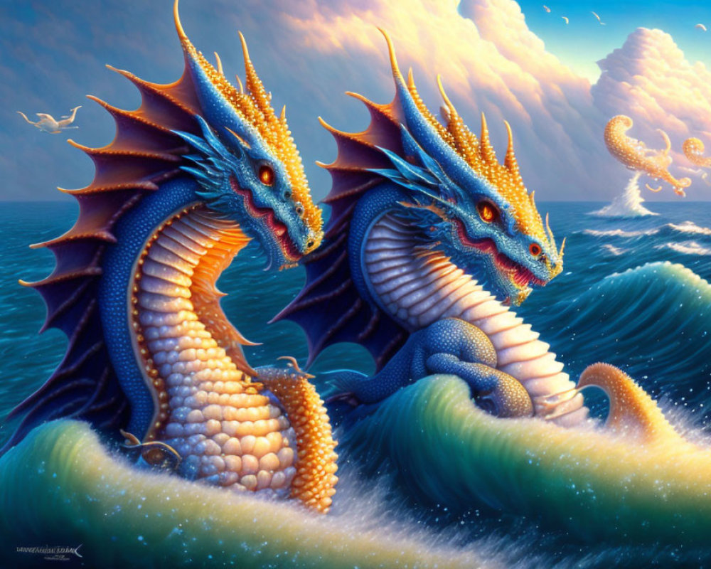 Majestic blue dragons with orange underbellies and horns above ocean waves