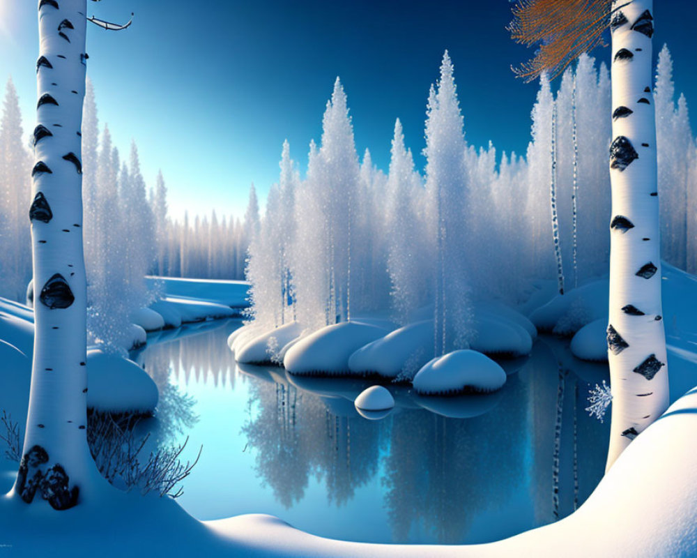 Snow-covered trees and frozen river in serene winter scene