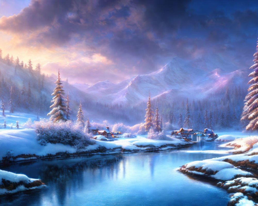 Snow-covered trees, blue river, village, and mountains in serene winter landscape
